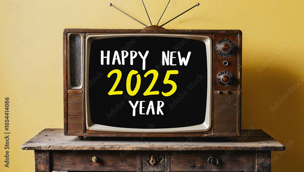Old vintage tv with text Happy new 2025 year, festive template, retro, television, antique