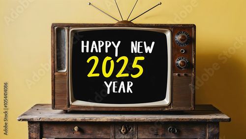 Obraz na płótnie Old vintage tv with text Happy new 2025 year, festive template, retro, television, antique w salonie