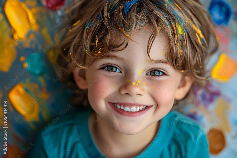 Young boy smiling brightly with colorful paint splatters around him Young boy smiling brightly with colorful paint splatters around him