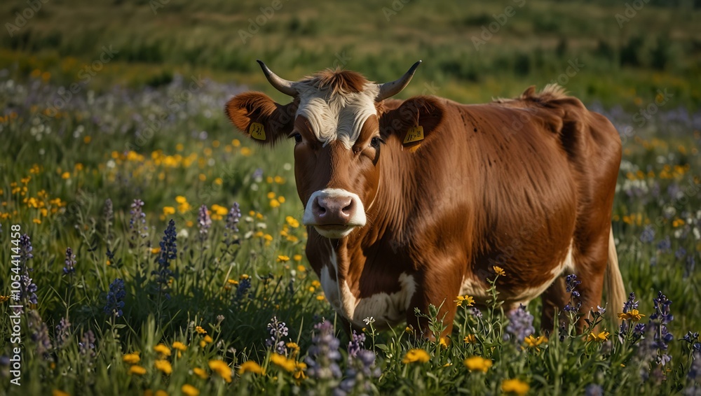 Small cow in a meadow of wildflowers. Small cow in a meadow of wildflowers.