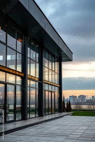 Wallpaper Mural Architectural design plan of a modern guest house with large glass windows overlooking a scenic waterfront at sunset Torontodigital.ca