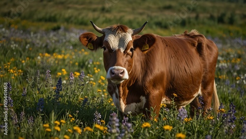 Small cow in a meadow of wildflowers.