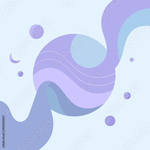 Dynamic illustration with cone-like forms in pastel shades of blue and violet. The flowers symbolize the smoothness of the flow and harmony, creating a sense of space and calm.