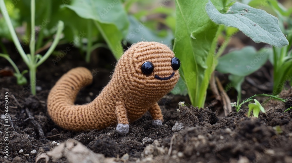 Obraz premium A cute crocheted worm with big eyes is nestled in rich soil, surrounded by lush green leaves, capturing a whimsical garden scene with charm and detail.
