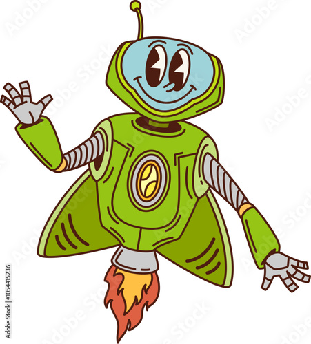 Cartoon retro groovy flying robot character or space alien droid, vector funky personage. Retro robot rocket or galaxy space android and spaceman bot with funny face and smile for kids retro cyborg