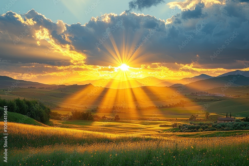 Sunset Over Rolling Hills with Sunbeams and a Farm in the Distance Sunset Over Rolling Hills with Sunbeams and a Farm in the Distance
