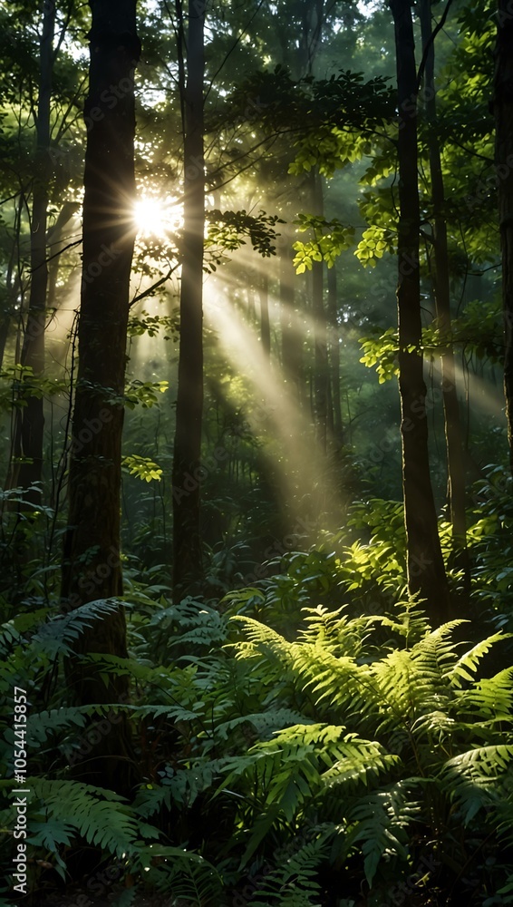 Sunlight streaming through a lush forest canopy. Sunlight streaming through a lush forest canopy.