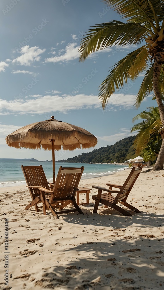 Sunny white sand beach with wooden chairs and umbrella. Sunny white sand beach with wooden chairs and umbrella.