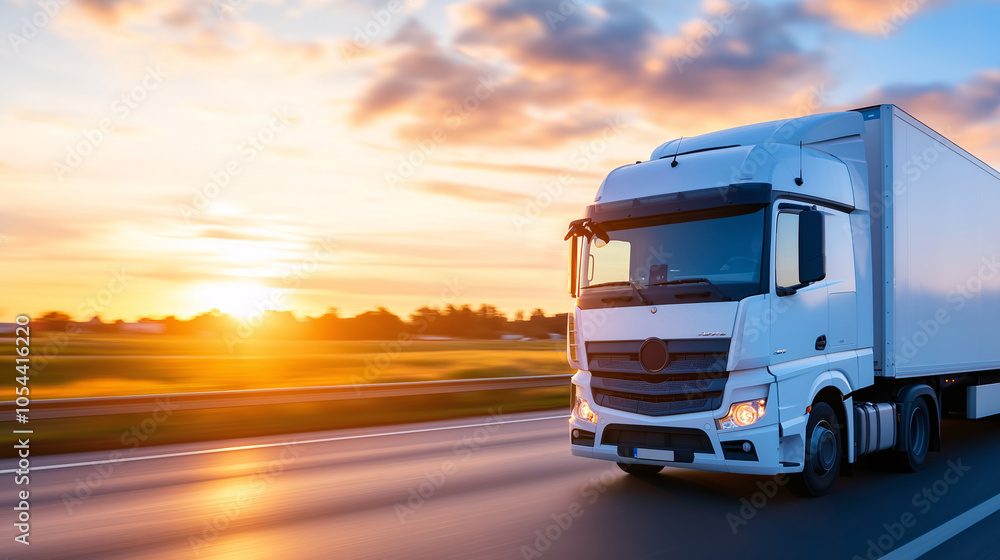 White Semi Truck on Highway at Sunset Logistics Transportation Delivery Road Trip White Semi Truck on Highway at Sunset Logistics Transportation Delivery Road Trip