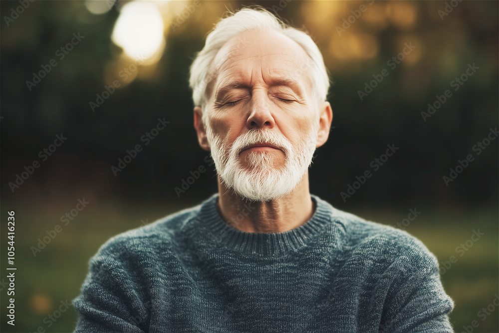 Elderly man with white hair and beard meditating with closed eyes in a peaceful outdoor setting, enjoying the tranquility of nature Elderly man with white hair and beard meditating with closed eyes in a peaceful outdoor setting, enjoying the tranquility of nature
