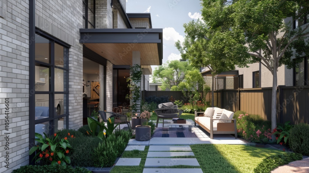 Stylish urban townhouse with a small front patio and modern decor Stylish urban townhouse with a small front patio and modern decor