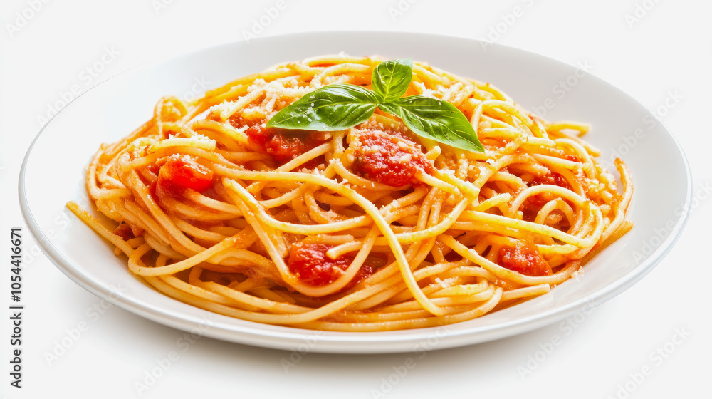 Delicious spaghetti topped with fresh tomato sauce and basil served on a simple white plate against a bright backdrop Delicious spaghetti topped with fresh tomato sauce and basil served on a simple white plate against a bright backdrop