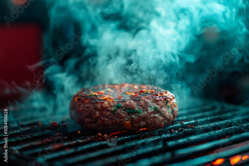 Juicy Grilled Burger on Hot BBQ Grill with Rising Steam , AI GENERAT photo