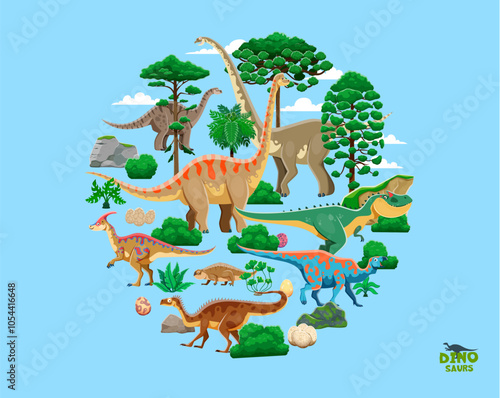 Prehistoric dinosaurs round shape with cartoon dino characters amidst a lush jurassic era landscape with greenery, trees, ferns, eggs, plants and rocks. Vector lively prehistoric ancient environment