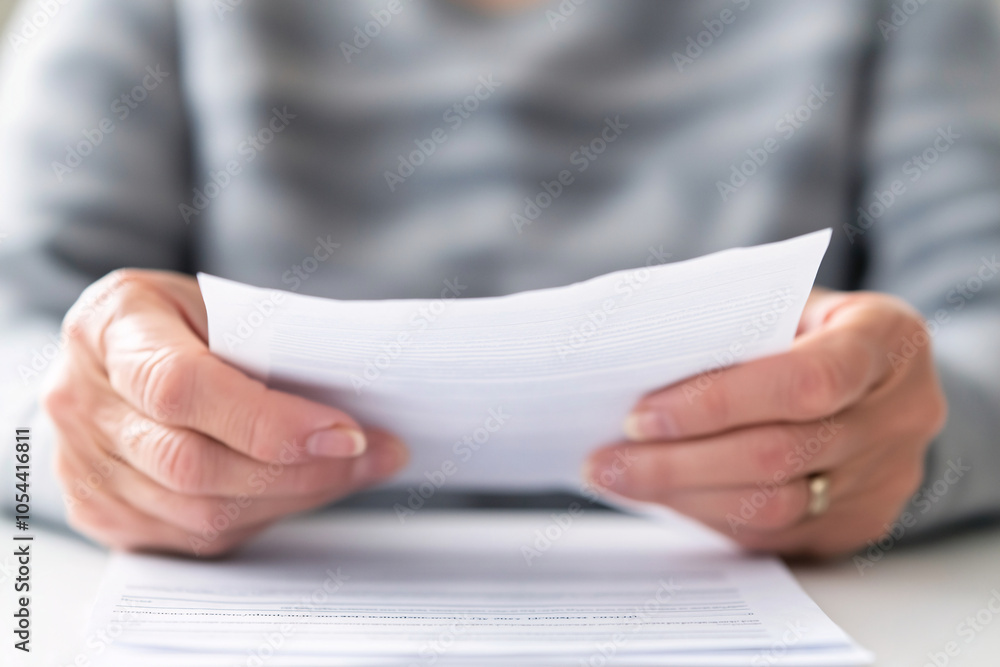 Obraz premium Closeup of Hands Holding Paper Documents Review Analysis Business Finance Office Contract Legal