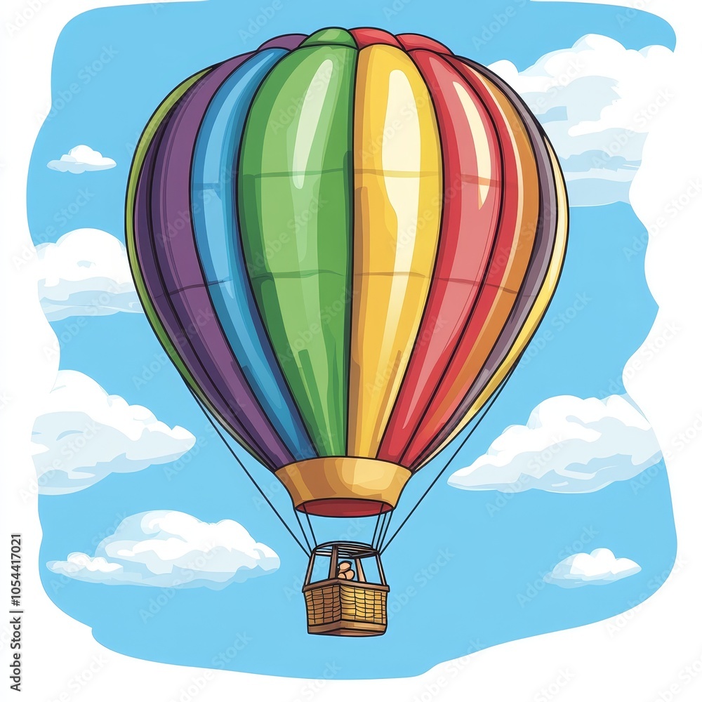 Fototapeta premium A cheerful illustration of a multicolored cartoon hot air balloon floating in a clear blue sky, surrounded by fluffy white clouds, evoking a sense of adventure.