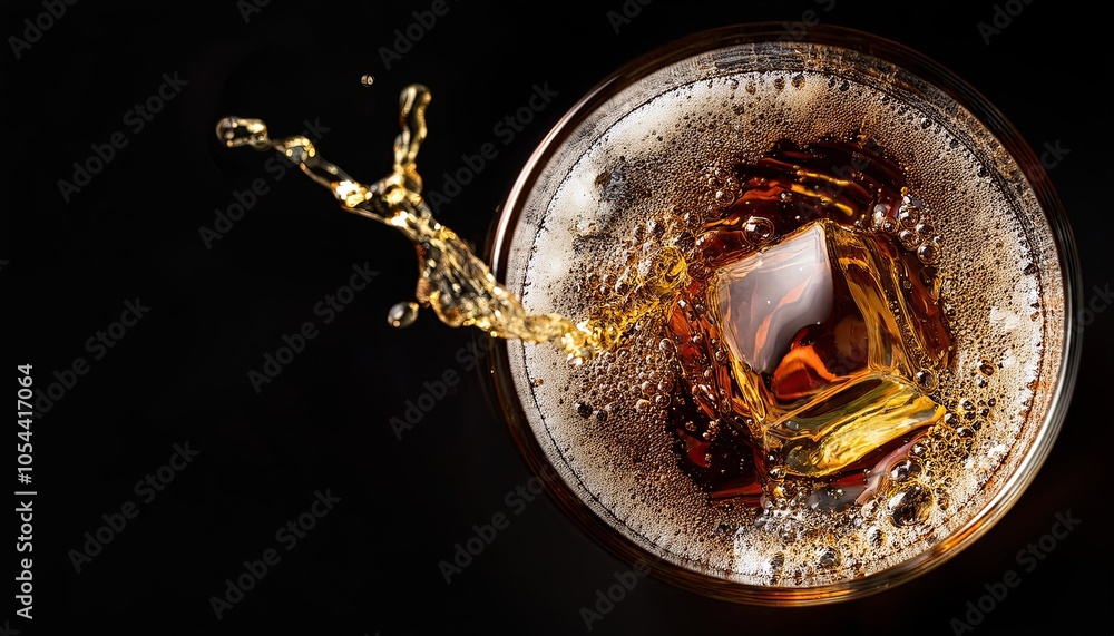 Fototapeta premium Glass of whiskey with ice top view