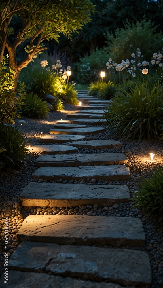Obraz premium Tranquil garden path with stone stepping stones and ambient lighting.