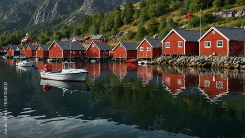 Tranquil Norwegian harbor with picturesque red fishing huts and boats.