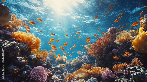 Underwater scene showcasing vibrant coral reefs and colorful fish in sunlight.