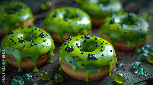 A detailed close-up of green slime-filled donuts, topped with black icing and mini candy bones, arranged on a rustic wooden table, surrounded by broken glass candy shards. photo