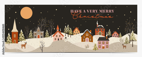 Christmas greetings banner with a peaceful snowy winter village, colorful houses, reindeers, snowman and colorful text, vector illustration