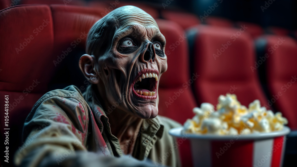 Funny mummy monster in a movie theater looking scared with a popcorn bucket while watching a horror movie Funny mummy monster in a movie theater looking scared with a popcorn bucket while watching a horror movie