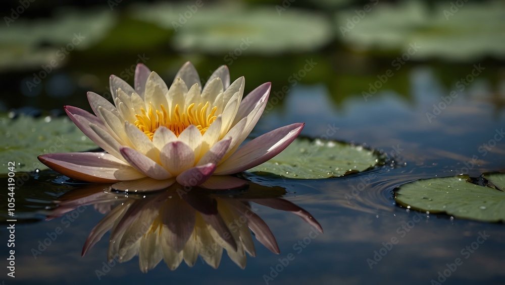 Vibrant close-up of a water lily in a tranquil pond. Vibrant close-up of a water lily in a tranquil pond.