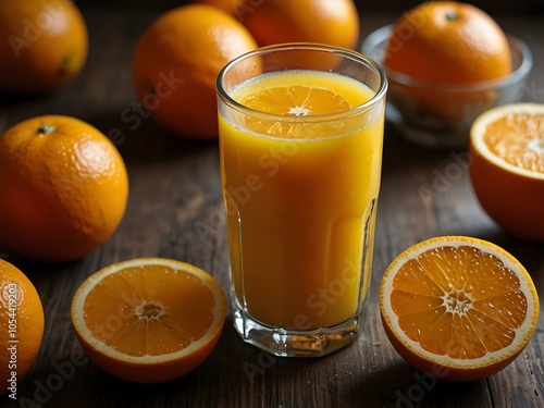 Vibrant orange juice with fresh oranges, showcasing a refreshing drink.