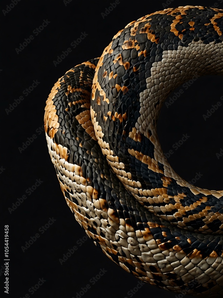 Obraz premium Visualize a rattlesnake curled in an S shape against a black background for banner design.