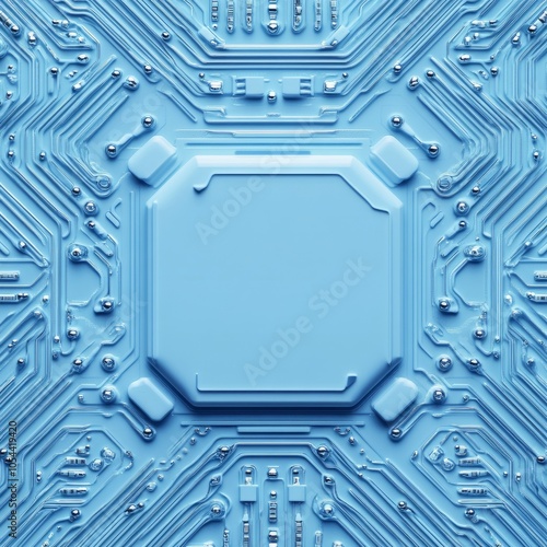 Abstract blue circuit board design with a central processing unit area.