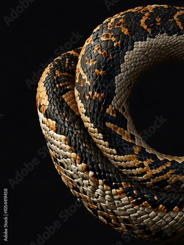 Visualize a rattlesnake curled in an S shape against a black background for banner design. photo