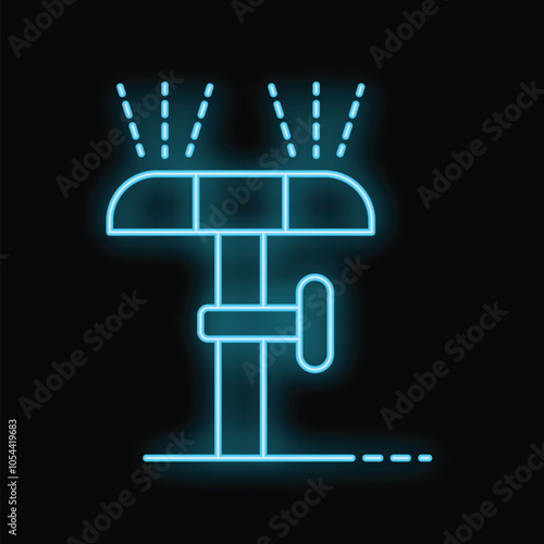 Blue neon icon of a sprinkler watering plants, illuminating the night with its vibrant glow