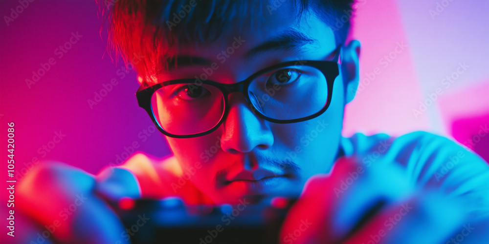 A young man focused on gaming in a brightly lit room with vibrant red and blue neon lights background during evening hours, video game player banner A young man focused on gaming in a brightly lit room with vibrant red and blue neon lights background during evening hours, video game player banner