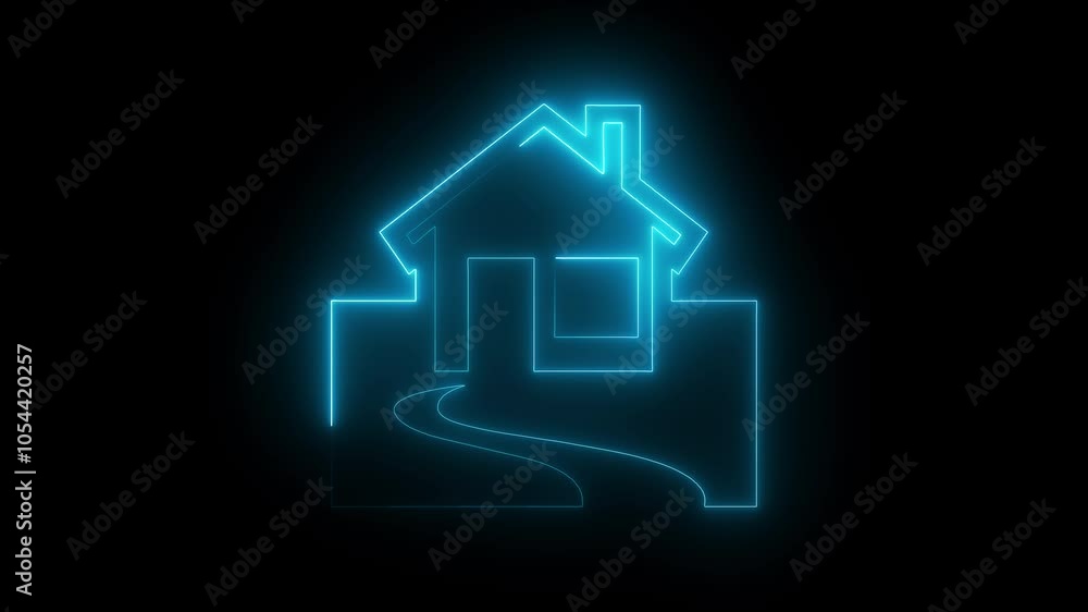 Home icon animation by cyan neon on black background. Home icon animation by cyan neon on black background.
