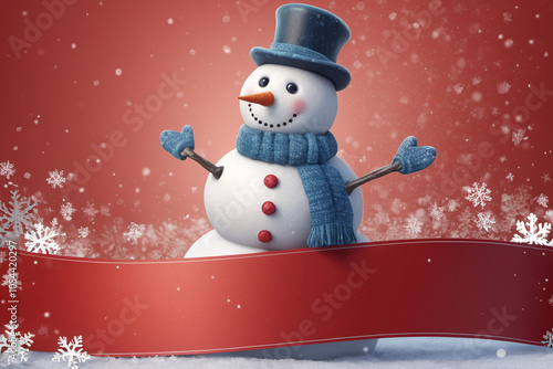 Cute snowman wish merry christmas in snowy winter photo