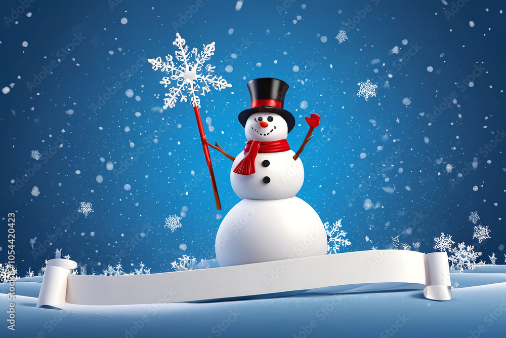 Fototapeta premium Cute snowman wish merry christmas in snowy winter