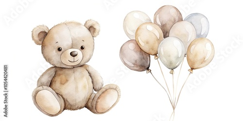 Watercolor cute teddy bear holding balloons in gray and beige Asymmetrical style