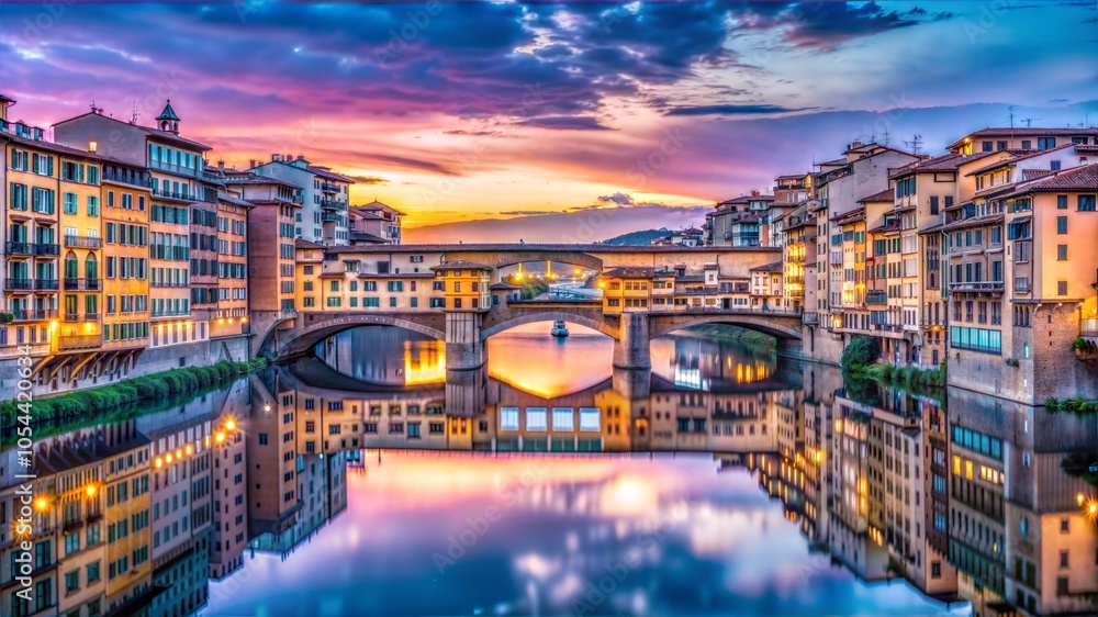 Naklejka premium Ponte Vecchio Bridge, Florence, Italy, Sunset