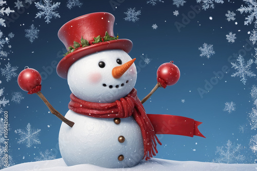 Cute snowman wish merry christmas in snowy winter photo