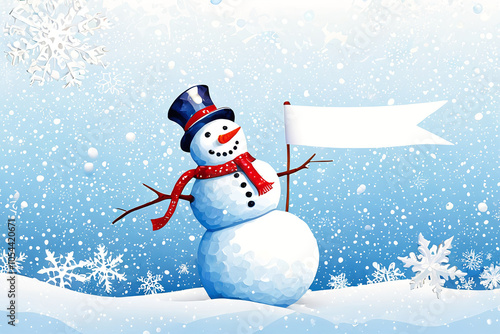 Cute snowman wish merry christmas in snowy winter photo