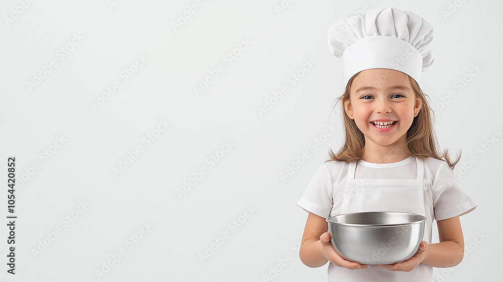 Happy young girl in chef hat holding metal bowl, symbolizing childhood cooking, culinary learning, baking, food preparation, and joyful kitchen experiences in white background.