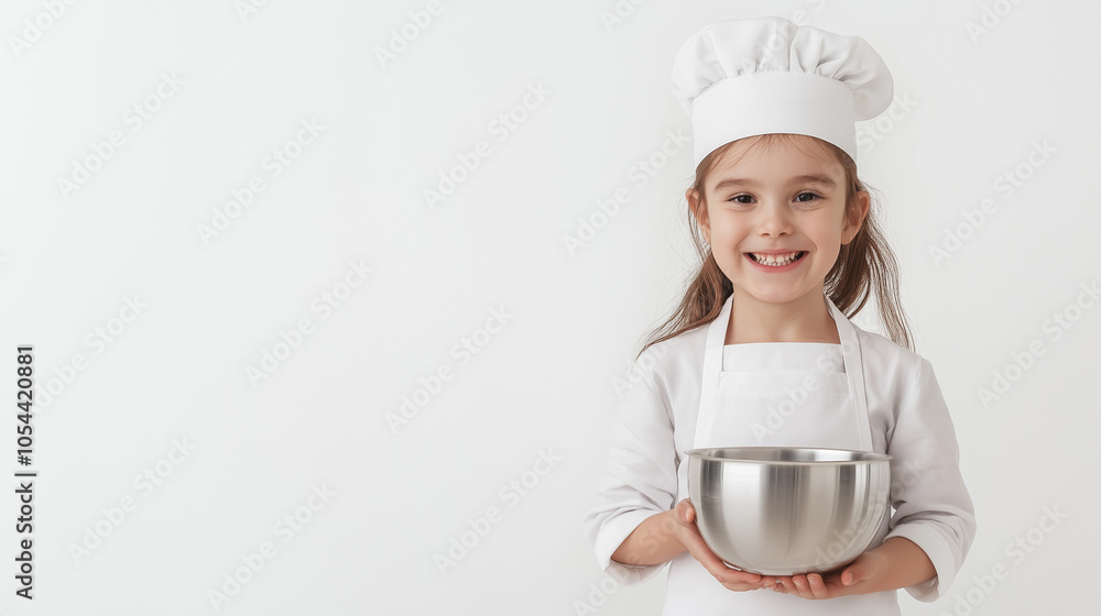 Happy young girl in chef hat holding metal bowl, symbolizing childhood cooking, culinary learning, baking, food preparation, and joyful kitchen experiences in white background. Happy young girl in chef hat holding metal bowl, symbolizing childhood cooking, culinary learning, baking, food preparation, and joyful kitchen experiences in white background.