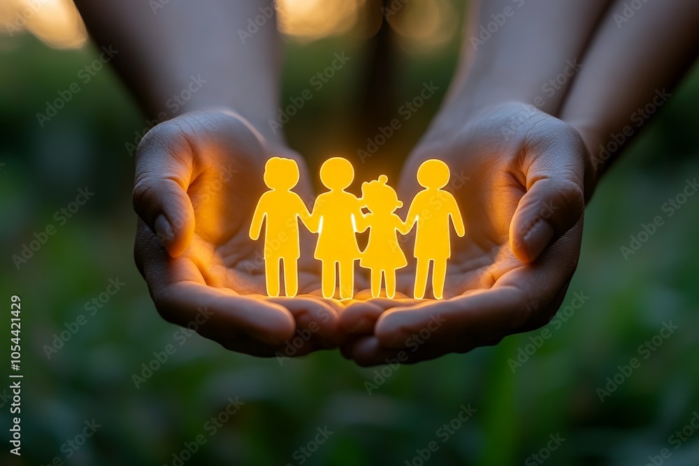 Hands cradling a glowing family silhouette symbolizing protection unity and nurturing strength representing a warm familial bond in an outdoor setting Hands cradling a glowing family silhouette symbolizing protection unity and nurturing strength representing a warm familial bond in an outdoor setting