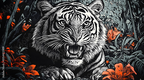Wallpaper Mural Art life of tiger in nature, block print style ai generate Torontodigital.ca
