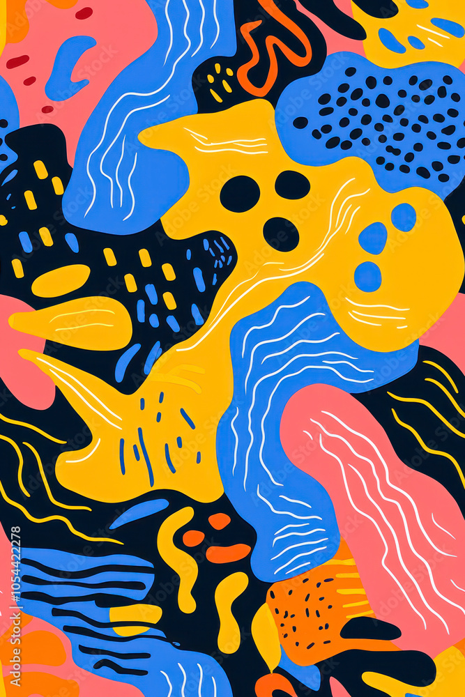Obraz premium Vertical A vibrant collection of abstract shapes and patterns in various colors like blue, orange, yellow, and pink.