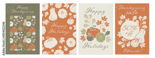 Thanksgiving greeting card template set. Holiday postcard background. Nature graphic with pumpkin and fall leaves. Vintage flyer design collection. Boho poster with autumn Halloween illustration.