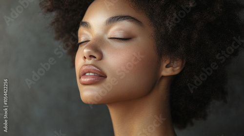 A close-up image of a woman with flawless skin applying a cream on her cheek