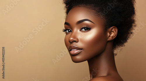 A close-up image of a woman with flawless skin applying a cream on her cheek