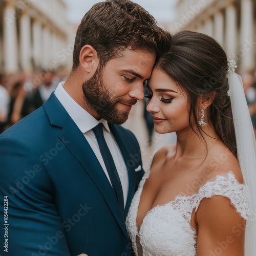 A romantic couple embracing at a wedding celebration.